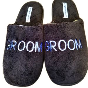 Men's soft, cozy, comfy slippers embroidered with "GROOM" .